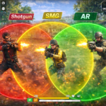 Diagram showing effective range circles: Shotgun (Red), SMG (Yellow), AR (Green)