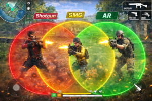 Diagram showing effective range circles: Shotgun (Red), SMG (Yellow), AR (Green)