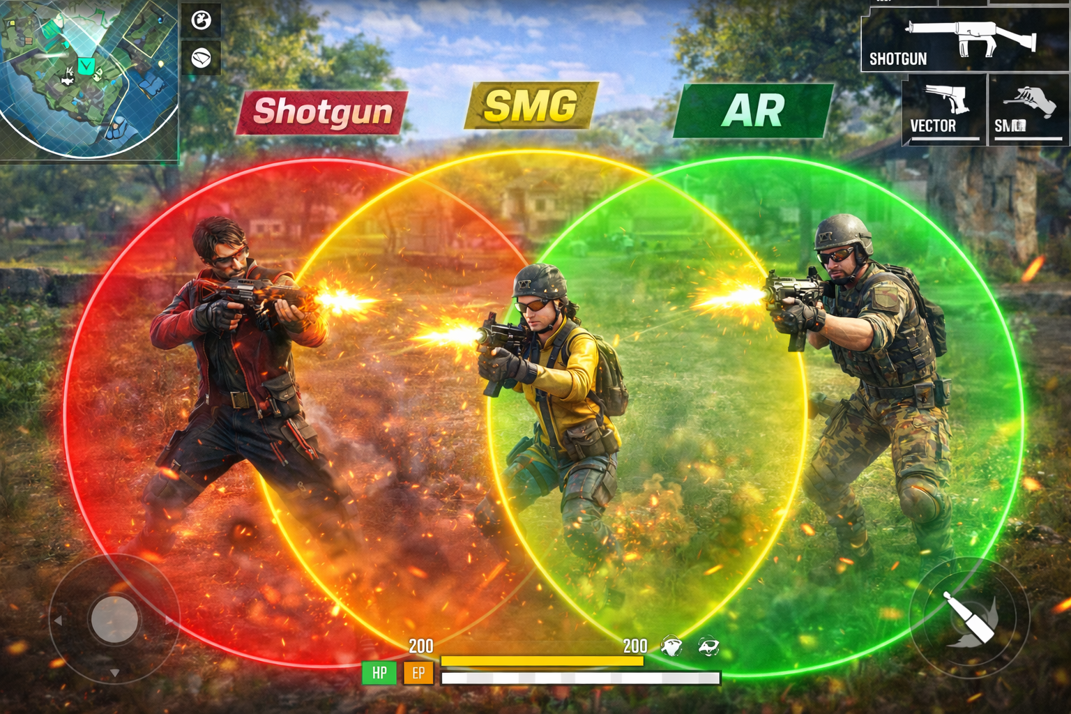 Diagram showing effective range circles: Shotgun (Red), SMG (Yellow), AR (Green)